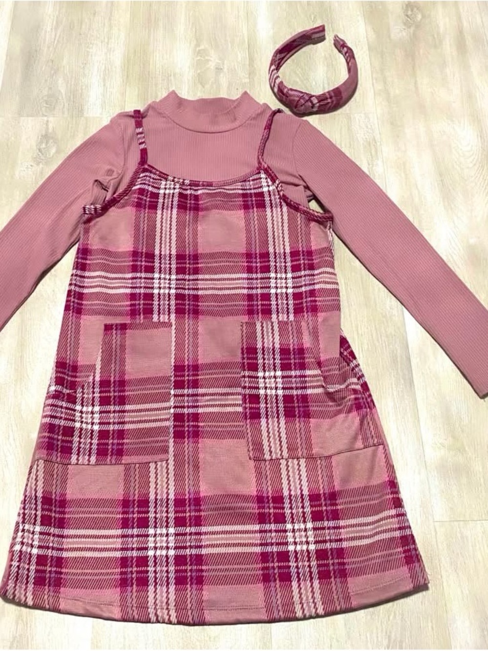 Girls' Pink Plaid Pinafore Dress with Matching Top
